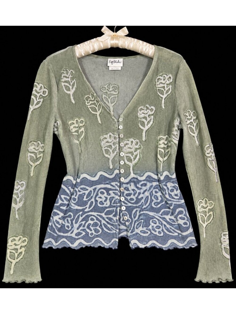VTG 90s Eyeshadow Mesh Floral Fairy Sheer Button Top Lettuce Hem - L Grunge Boho